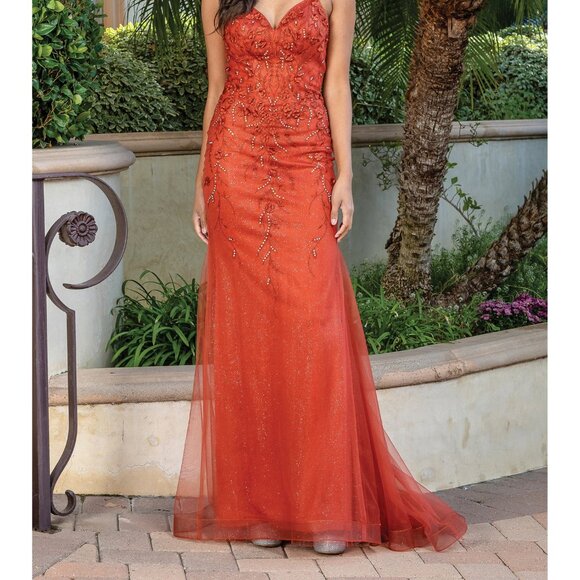 New Floral Lace Embellished Maxi Formal Dress w/ V-Neck & Lace Up Back DQ 4308 - Picture 9 of 9